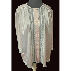 Vintage Womens Pink Bed Jacket Pajama Top M Lace 3/4 Sleeve Nylon Made in USA